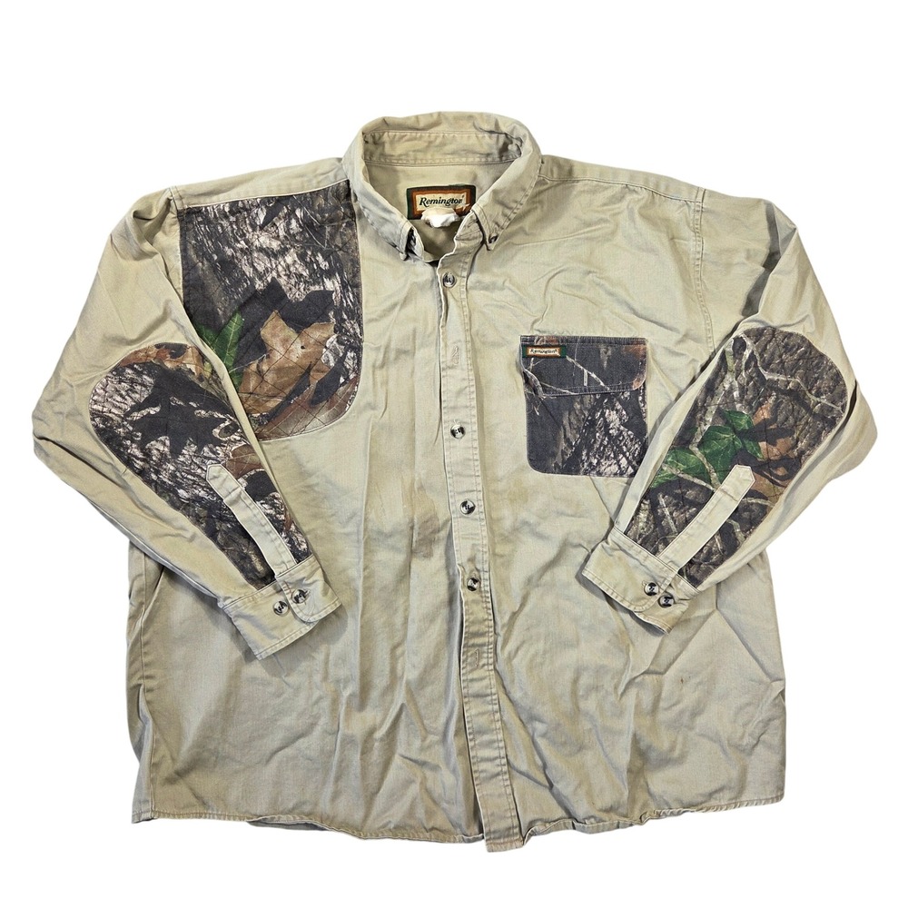 Remington Mens Tan Hunting Shirt Camo Shoulder Elbow Patches Button Down XL